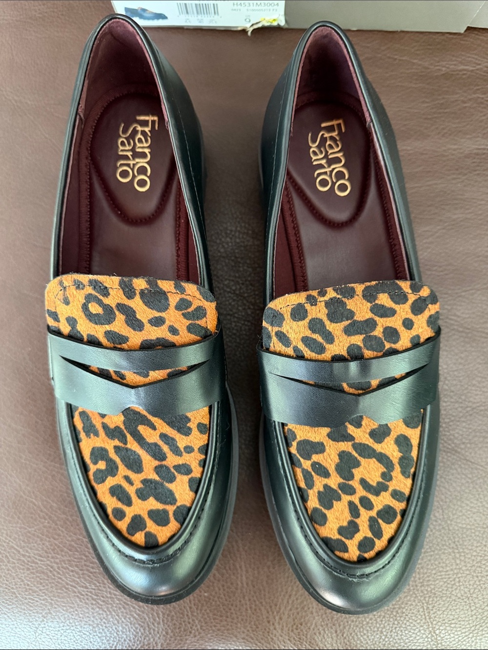 NEW Franco Sarto Balin Black Leather Lug soled Loafer w/Leopard Print size 9 - Picture 3 of 8